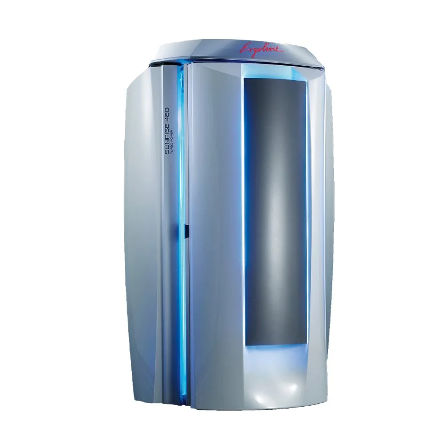 A modern, futuristic Sunlighten sauna featuring sleek silver panels and blue LED lighting.
