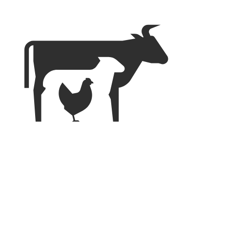 Silhouette of a cow, a sheep and a chicken.