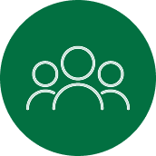 An icon depicting a group of three people, represented by simple line drawings of heads and shoulders, on a green circular background.