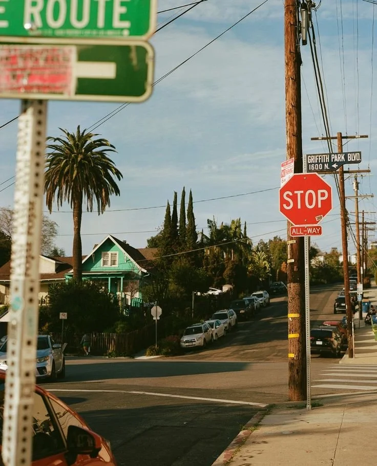Street view with stop sign, utility pole, and houses with palm and cypress trees, under a partly cloudy sky.