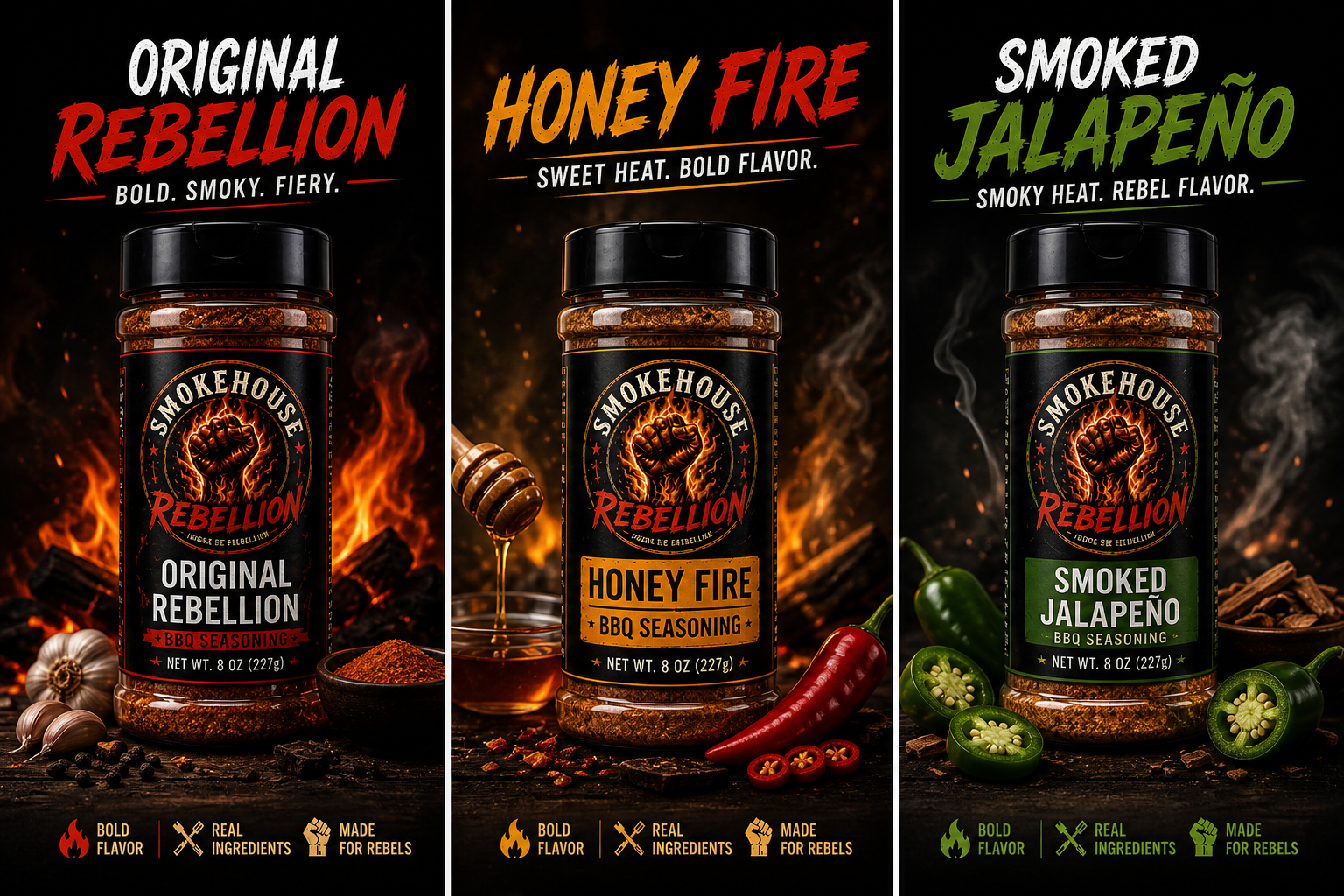 Three bottles of Smokehouse Rebellion seasoning, each with distinct flavor labels, set against a fiery background with ingredients: garlic and spices on the left, honey and chili peppers in the center, and jalapeño peppers on the right.