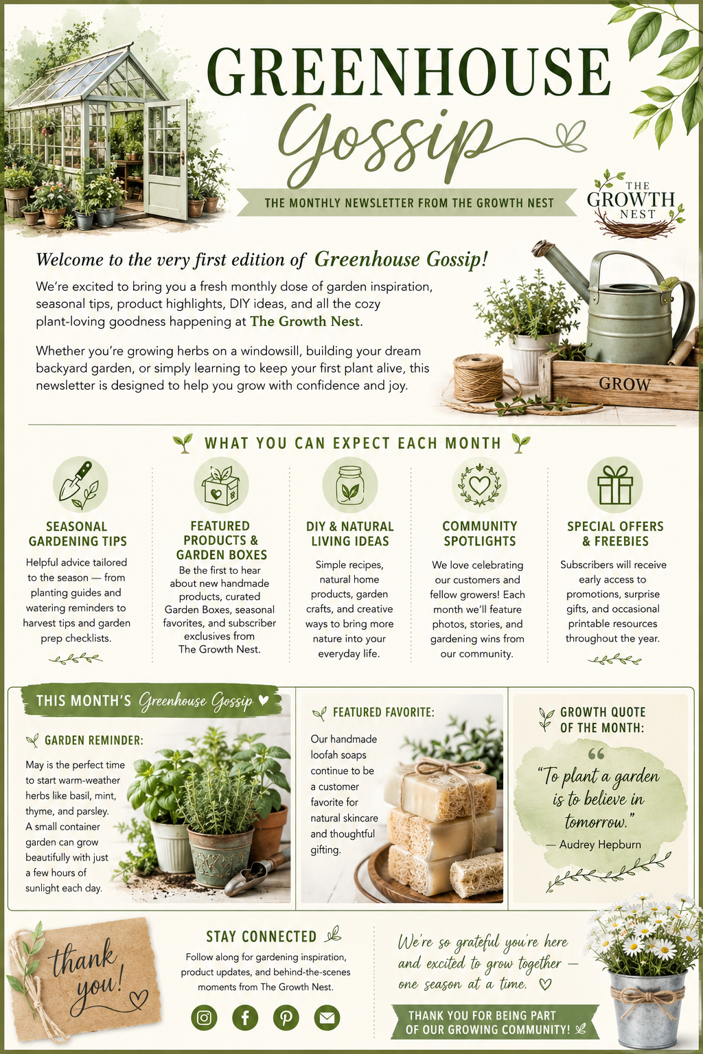Newsletter titled 'Greenhouse Gossip' with garden images including a greenhouse, watering can, gardening supplies, and a plant in a pot, featuring sections on gardening tips, products, DIY ideas, community stories, and freebies.
