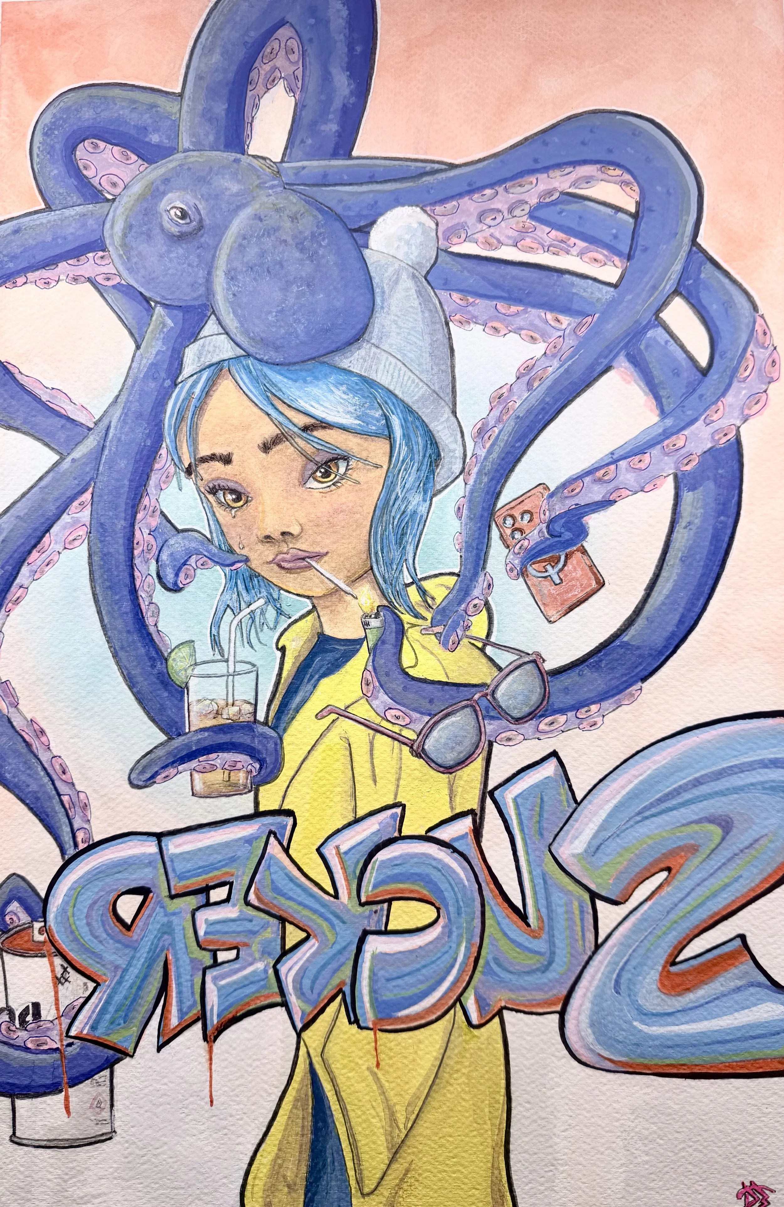Asian woman with octopus sitting on her head feeding her alcohol drugs and distractions while spray painting “sucker” on the canvas