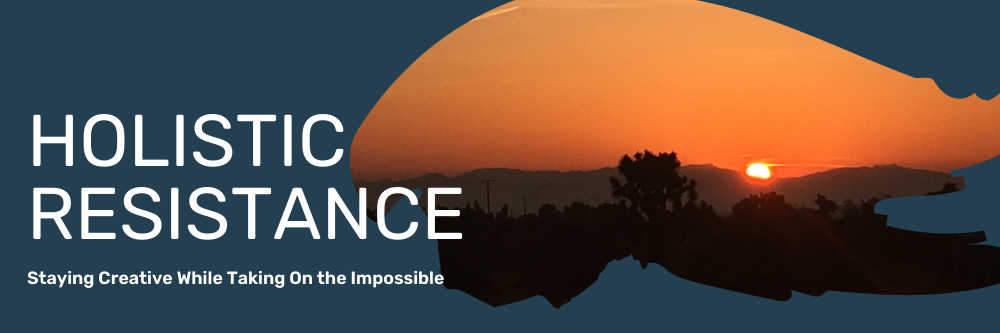 Sunset over a landscape with trees and mountains, with the words "Holistic Resistance" and "Staying Creative While Taking On the Impossible" on a dark blue background.