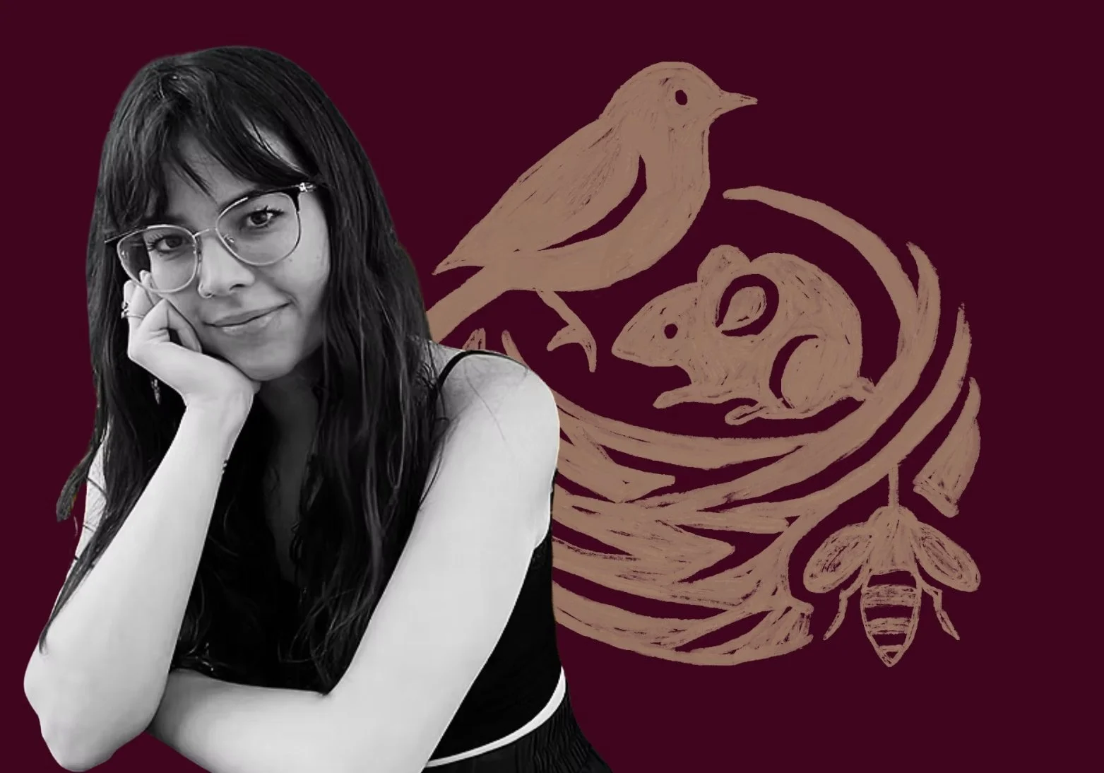 Ravyn with long dark hair, glasses, and a nose piercing, sitting with her hand on her face, smiling at the camera. She is in front of a dark red background with a beige illustration of a bird, a mouse, a bee, and a swirl.