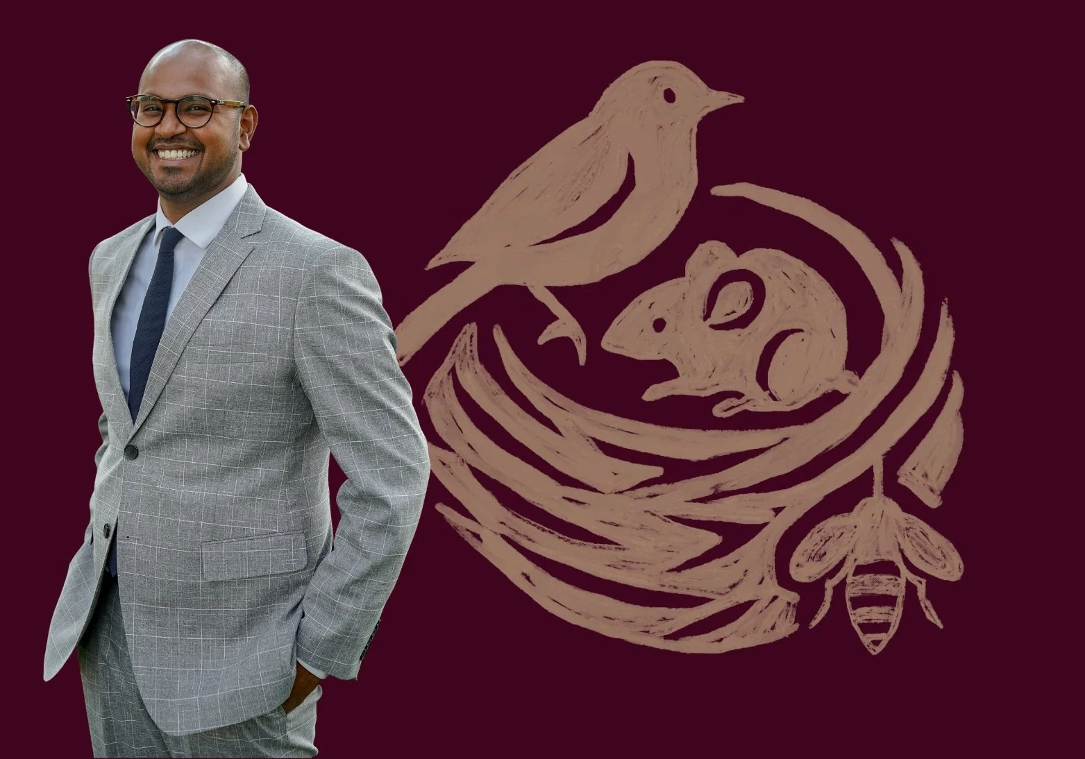 Mateen smiling in a gray plaid suit with glasses standing in front of a dark red background with a beige illustration of a bird, a mouse, a bee, and a nest.