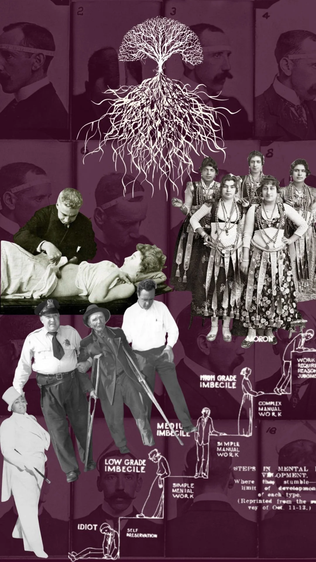 A collage with historical black and white photographs, illustrations of a tree with roots, and text about mental development stages, including images of men, women in traditional clothing, and medical scenes.