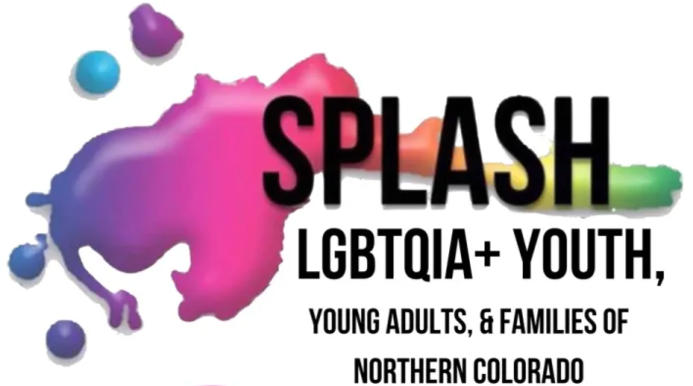 Event logo with colorful splash and text promoting SPLASH LGBTQIA+ Youth, young adults, and families of Northern Colorado.