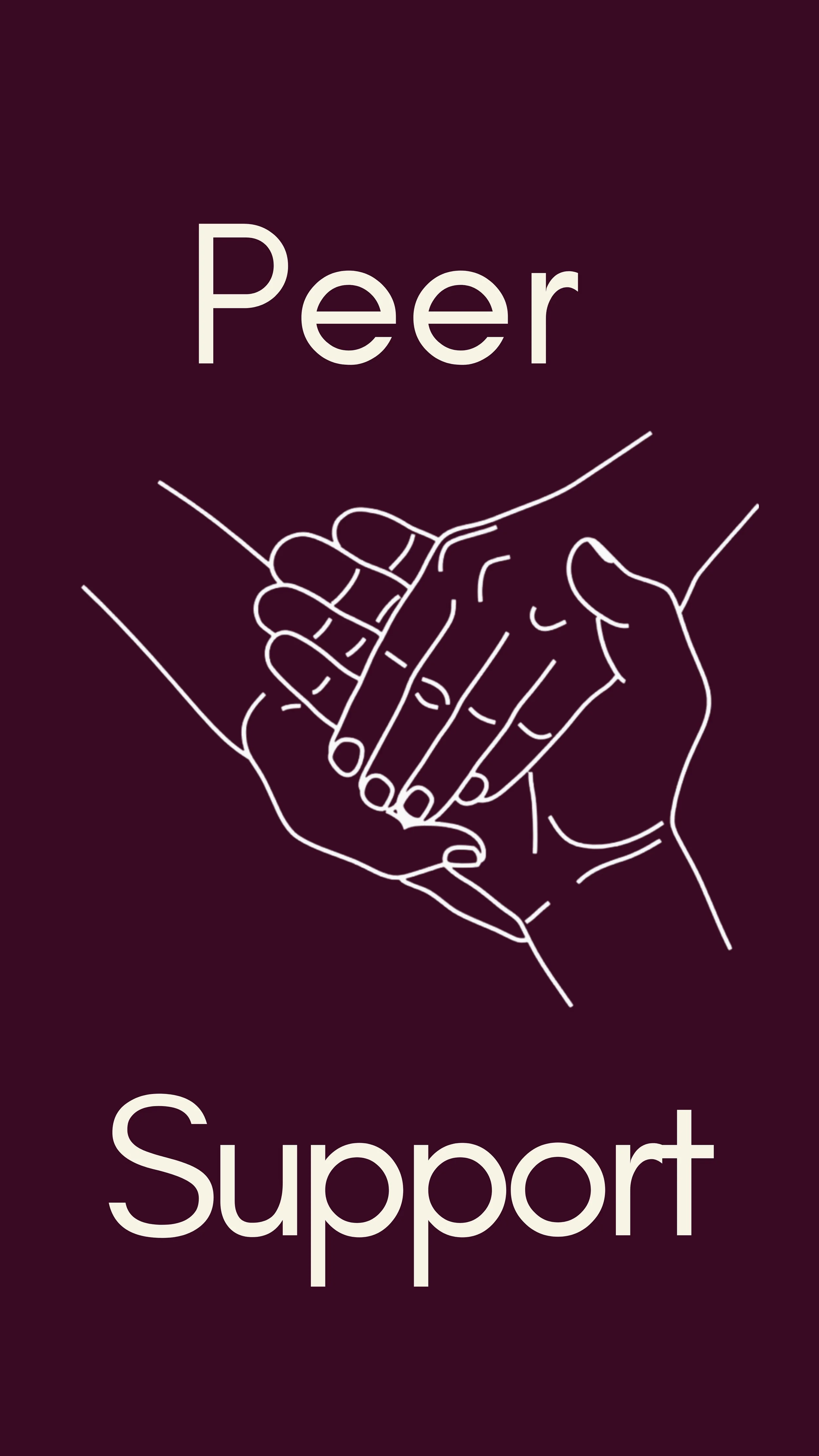 Line drawing of two hands clasped together, with the word 'Peer' above and the partial word 'Support' below on a dark purple background.