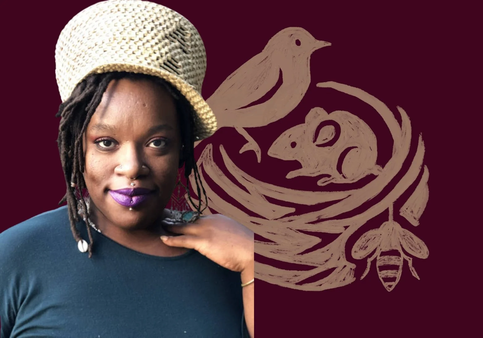 Portrait of Alillia with dark skin, dreadlocks, wearing purple lipstick, a wide-brimmed hat, and a teal top, standing in front of a maroon background with an artistic drawing of a bird, mouse, and bee.