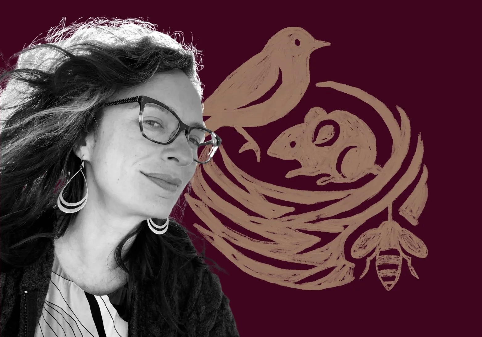 Black and white portrait of Raven with glasses and earrings, smiling slightly, against a background with a stylized illustration of a bird, mouse, squirrel, and honey bee on a dark red backdrop.