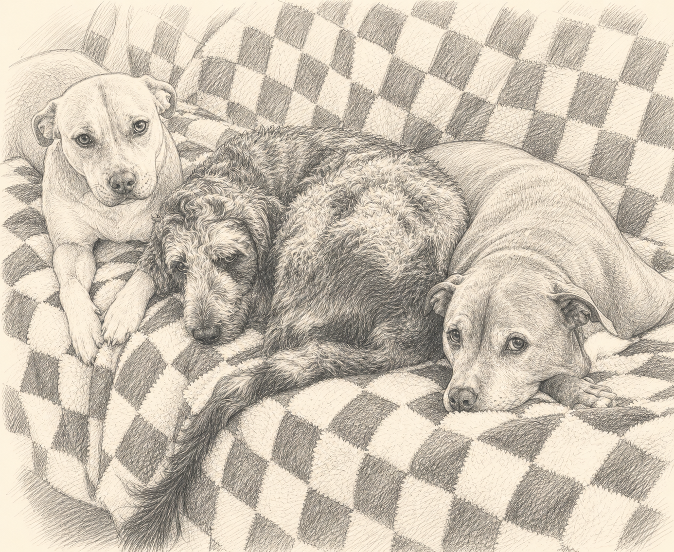 A pencil sketch of three dogs lying on a checkered blanket. The dog on the left looks directly at the viewer, the middle dog is relaxed with eyes closed, and the right dog is lying down with head resting on the blanket.