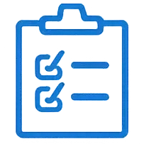 Icon of a clipboard with checkmarks and lines indicating a list or form.