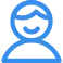 Blue icon of a person with a magnifying glass in front of their face.