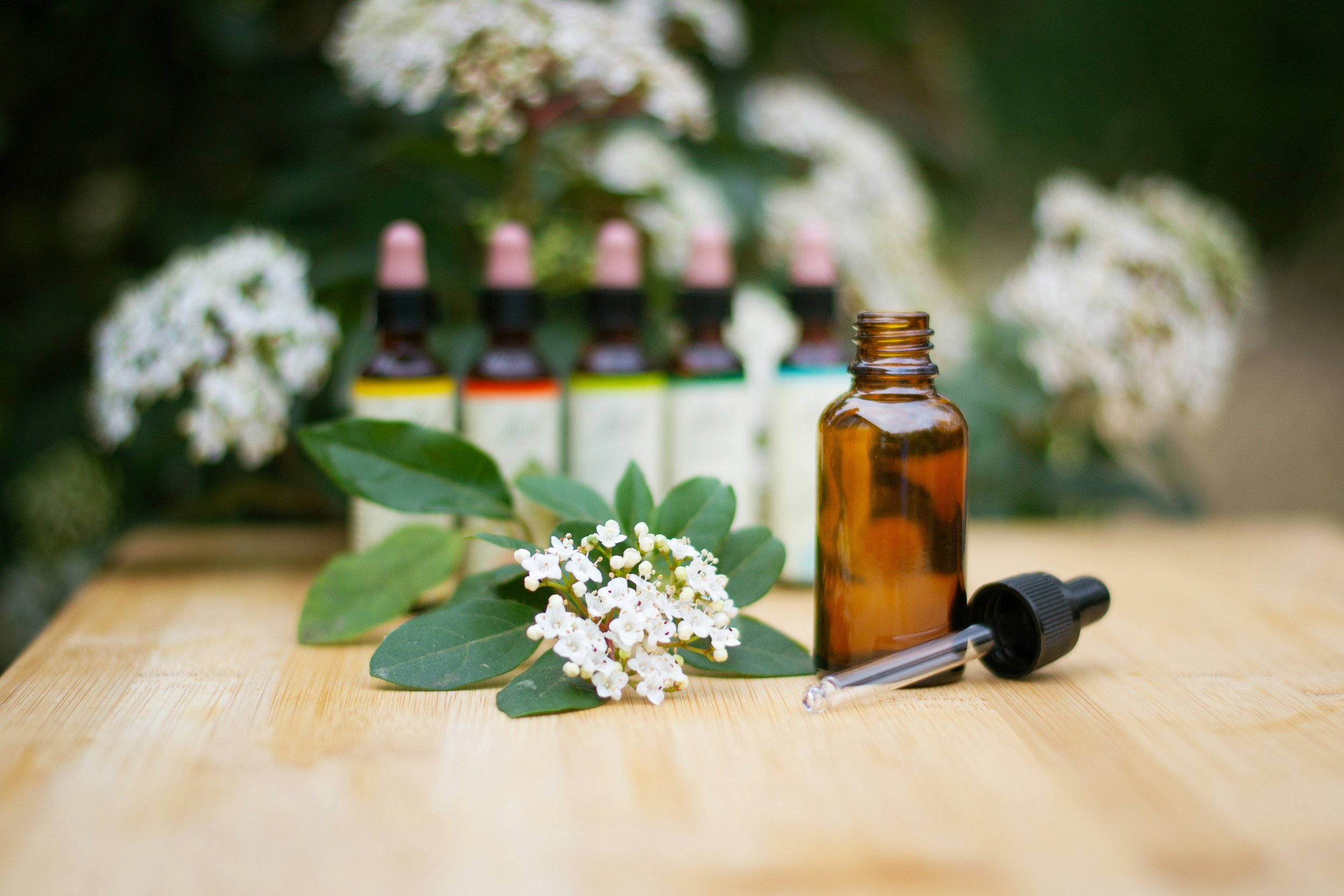 A small amber glass dropper bottle with a black cap and a glass pipette in front of a row of four essential oil bottles with pink caps, surrounded by white flowers and green leaves on a wooden surface.