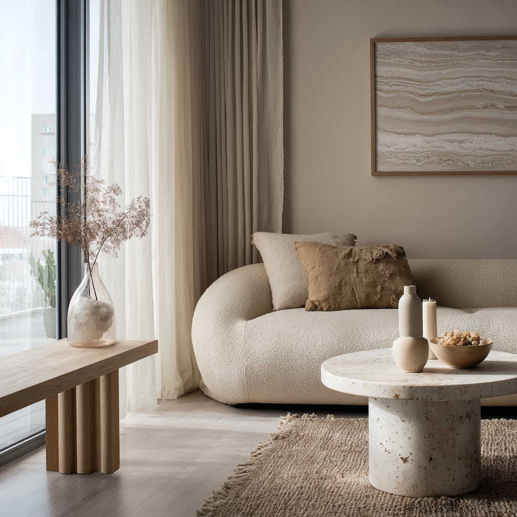 A cozy living room with a cream-colored plush sofa, beige cushions, and a round marble coffee table holding vases and a bowl. Near a large window with white curtains and a balcony with outdoor plants.