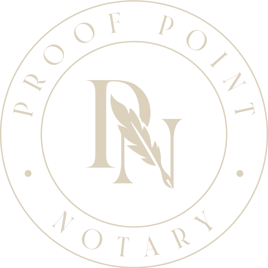 The logo of the Proof Point Notary features the initials 'P' and 'N' in beige, with a feather quill integrated into the design, surrounded by a circular border that reads 'PROOF POINT' at the top and 'NOTARY' at the bottom, on a black background.