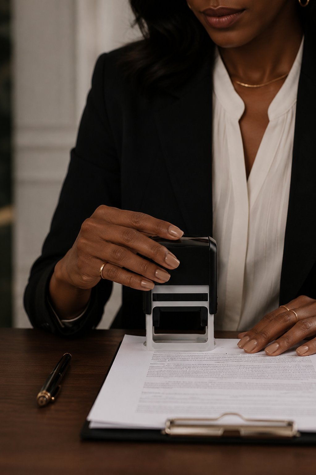A woman in a black blazer and white blouse is stamping a document on a clipboard with a black ink stamp. There is a gold pen and a paperclip on the table, and her fingers are adorned with rings.