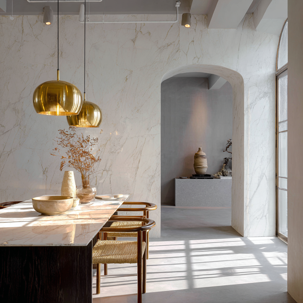 A dining area with a marble table, gold pendant lights, and chairs, with decorative vases and plants, in a minimalist, modern style with natural light.