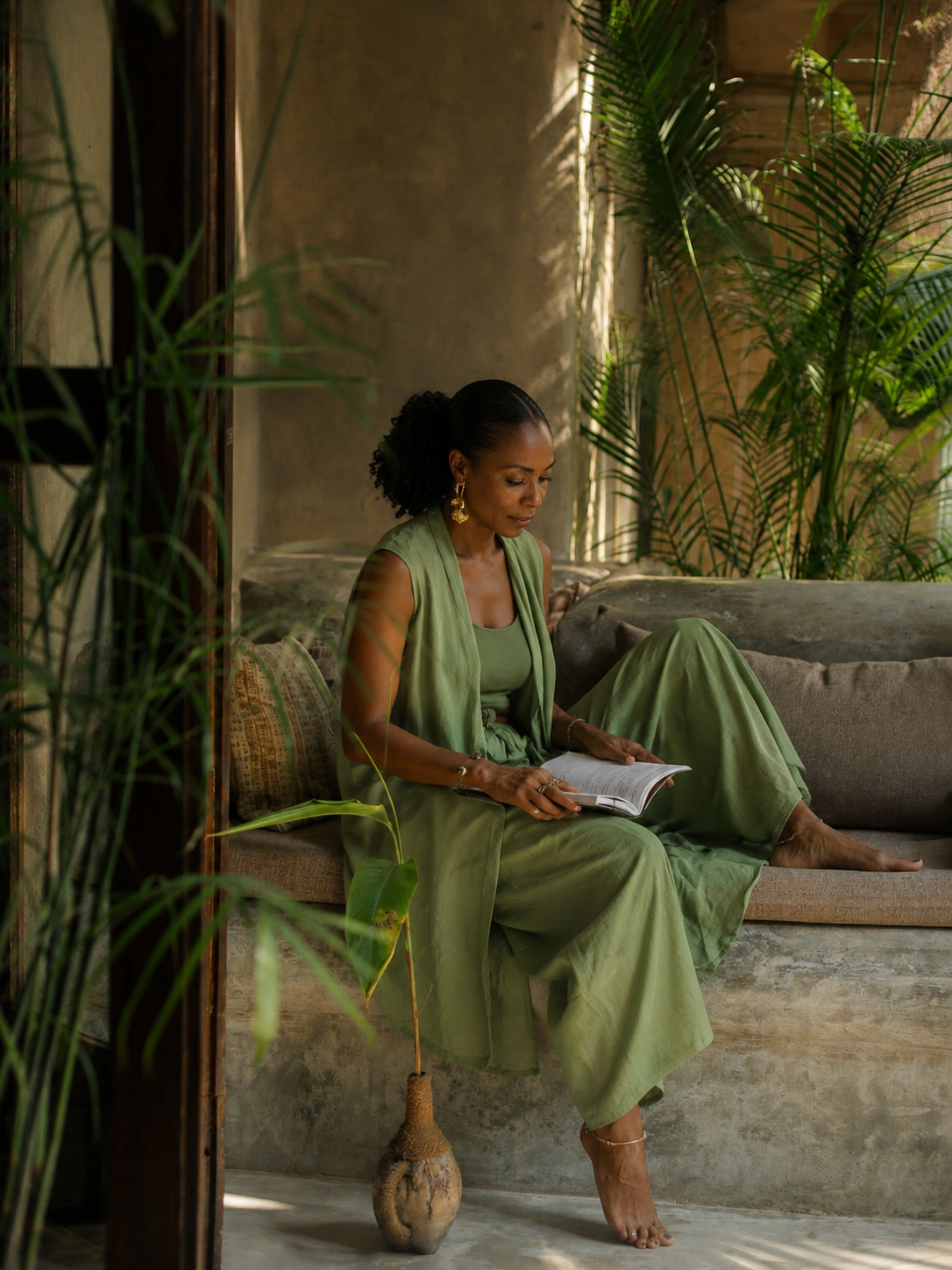 Woman sitting on a sofa, reading a book, surrounded by lush green plants in a natural, sunlit indoor setting.