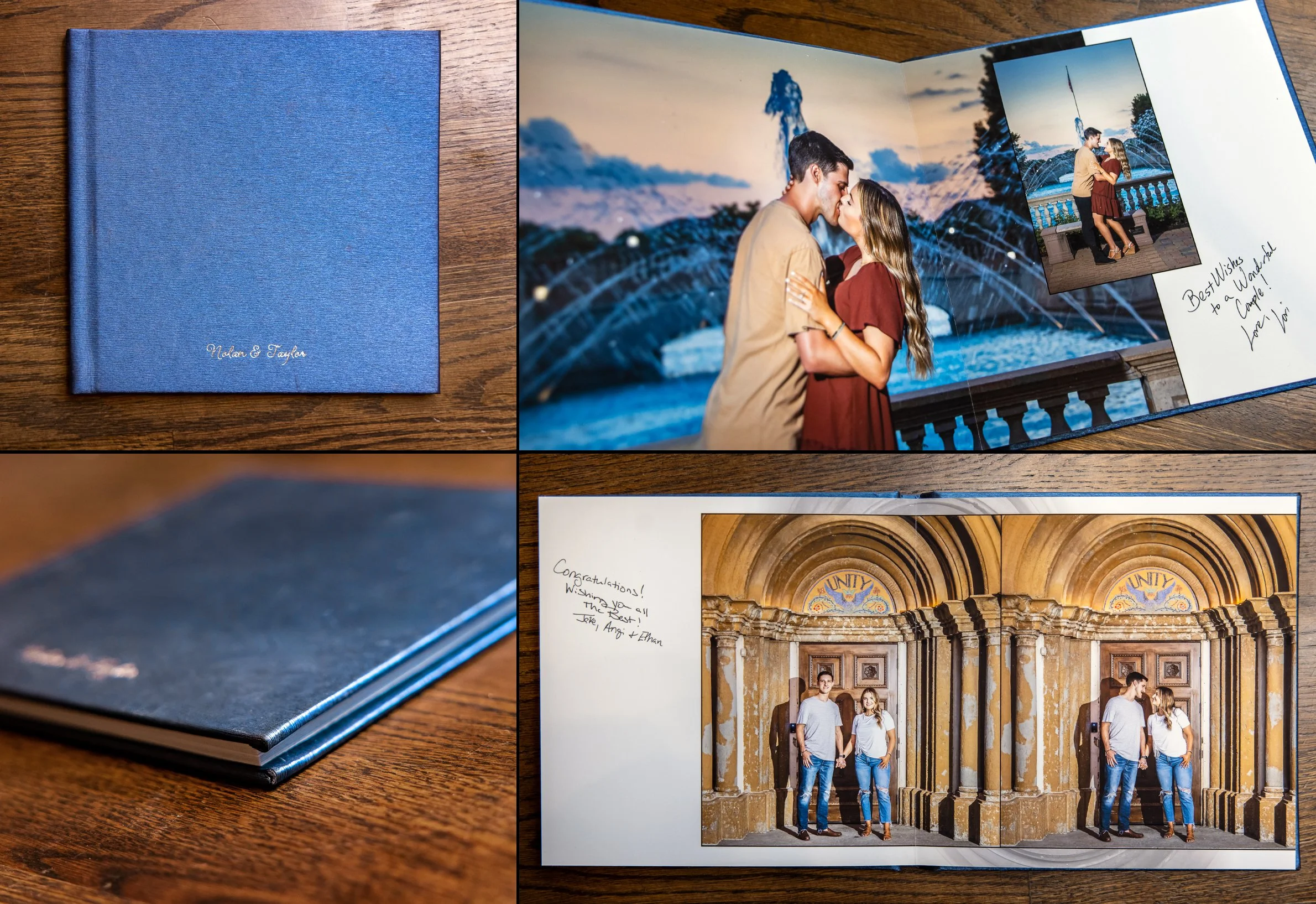 A KC Engagement Book/Album with two large pictures of a young couple standing and kissing in front of a sunset and a fountain, with handwritten notes and one picture of a couple walking in a historic archway.