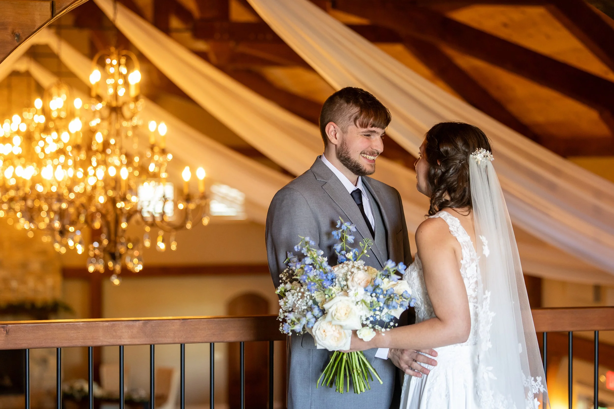 Chandeliers during first look at The English Barn