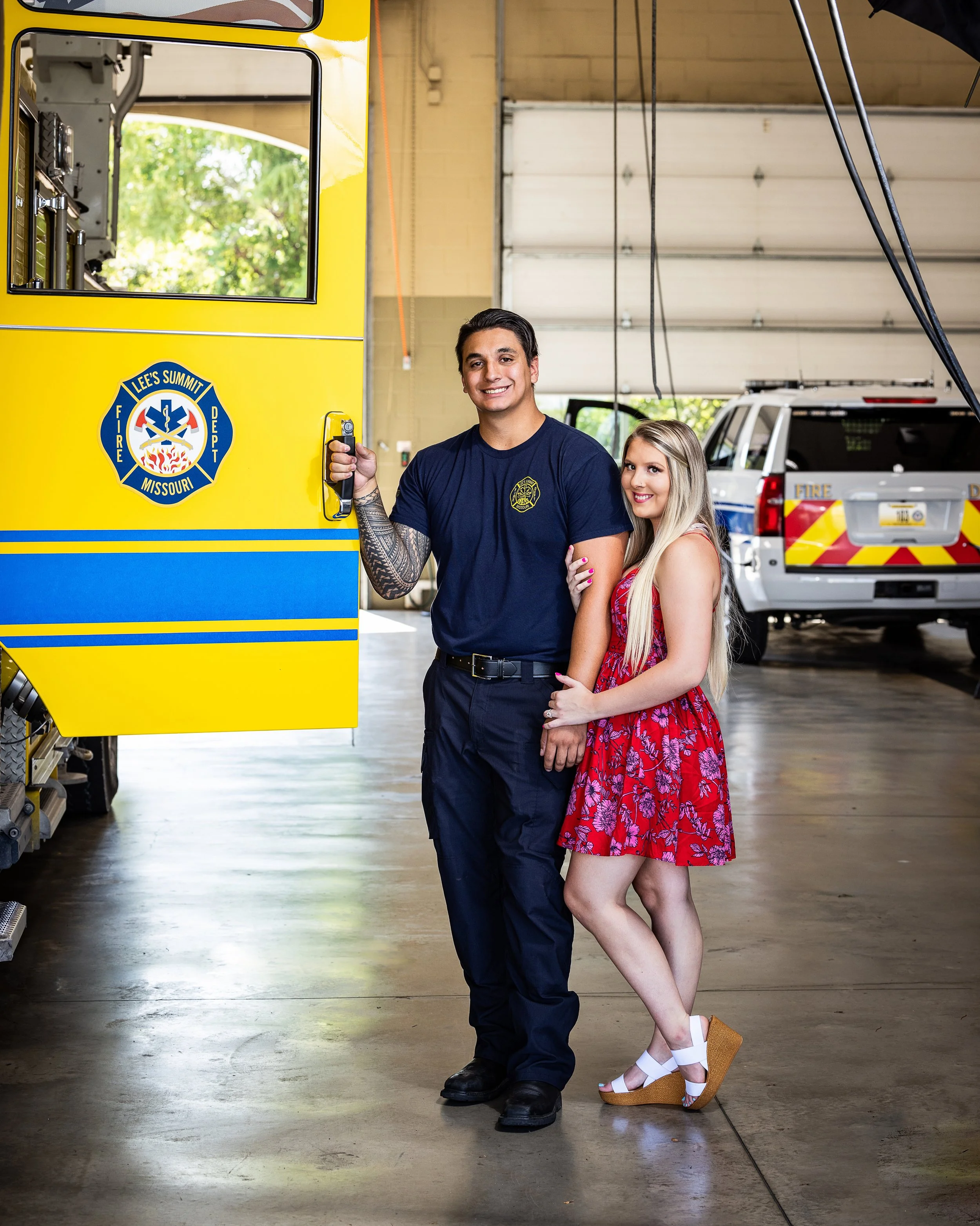 Kansas City Engagement Session, Fire Station, Fire Truck