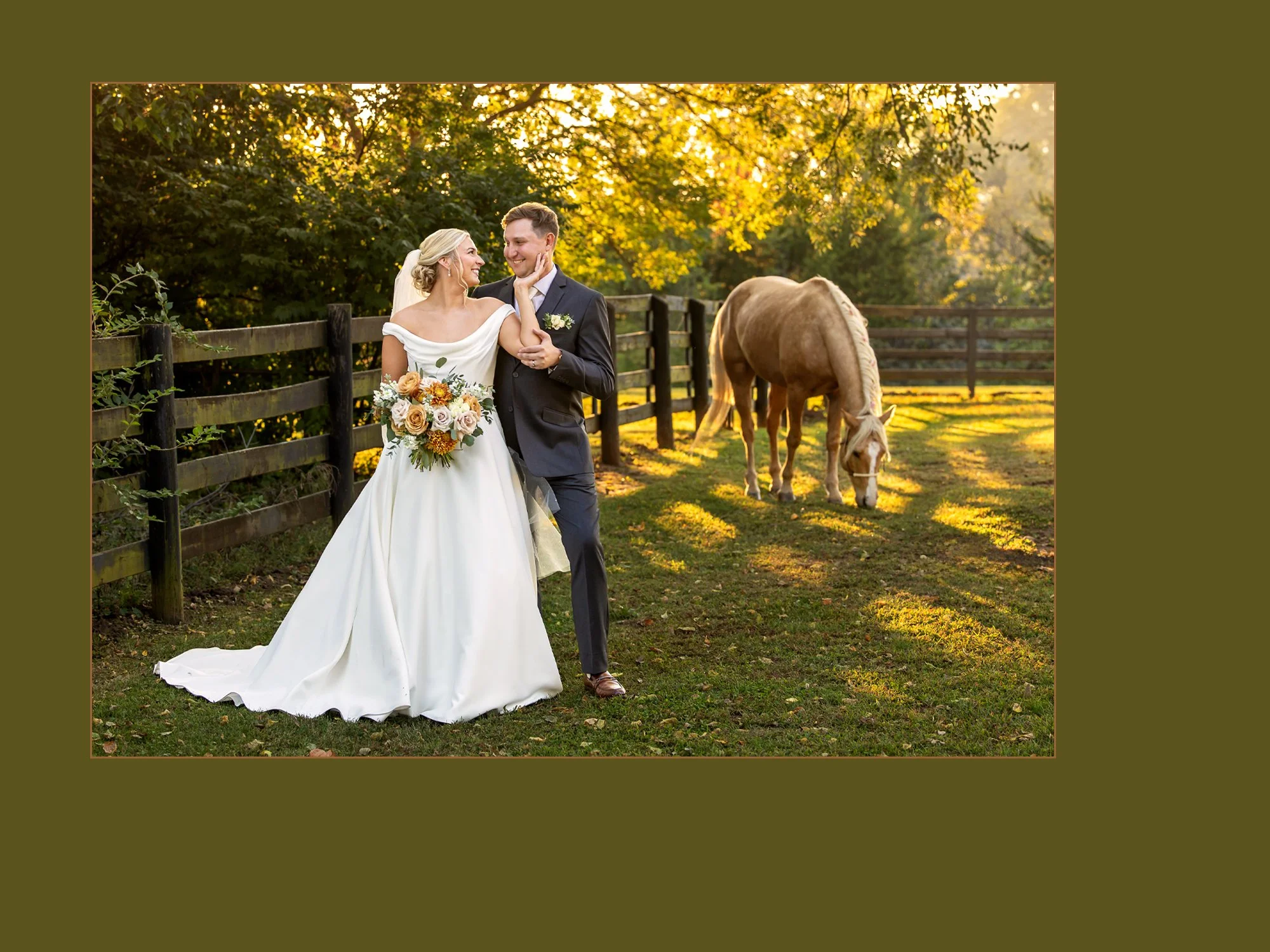 Kansas City Wedding photo of a bride and groom lovingly admiring each other with a horse grazing in the background.
