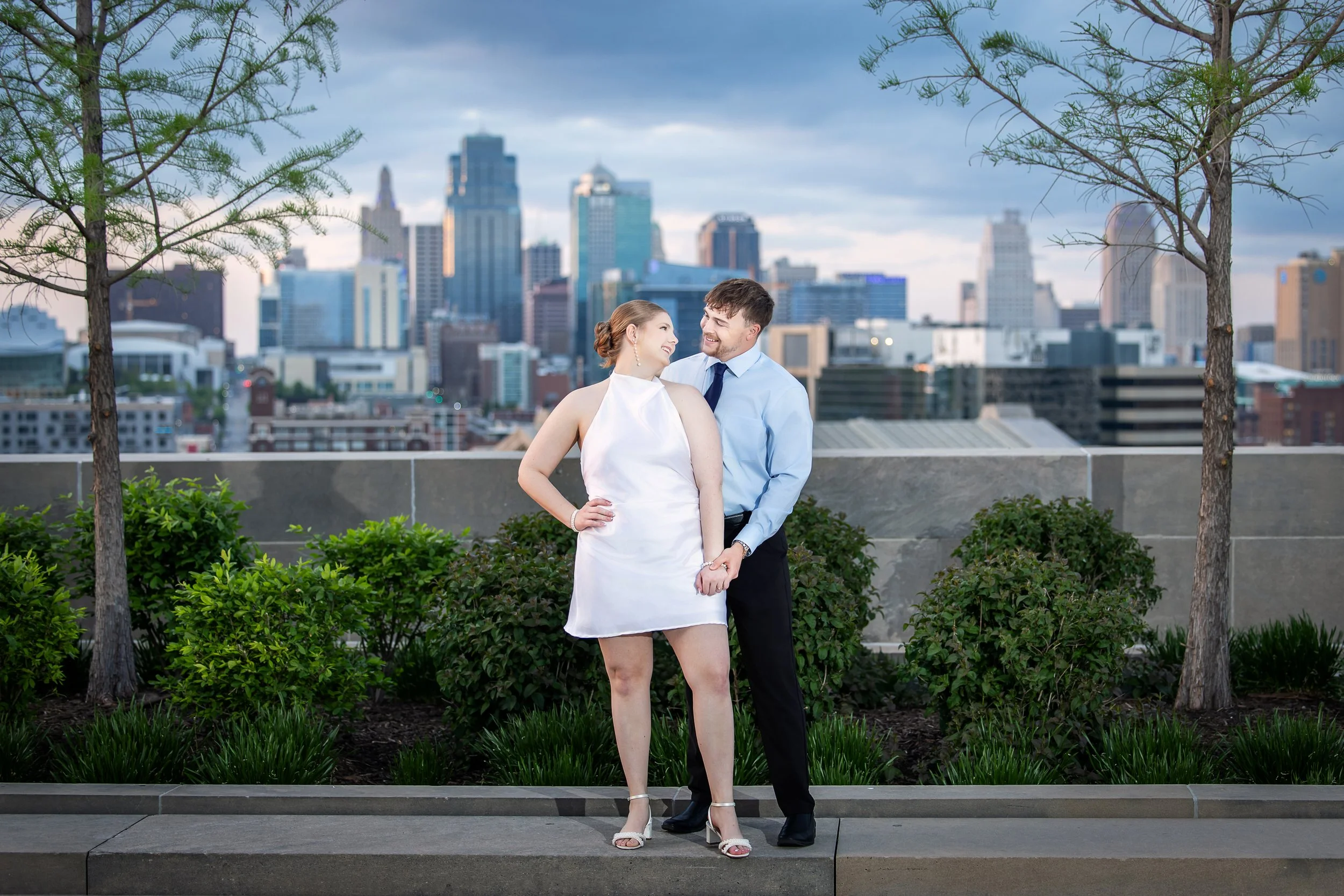 Engagement photography at the WW1 Museum, Liberty Memorial, at sunset