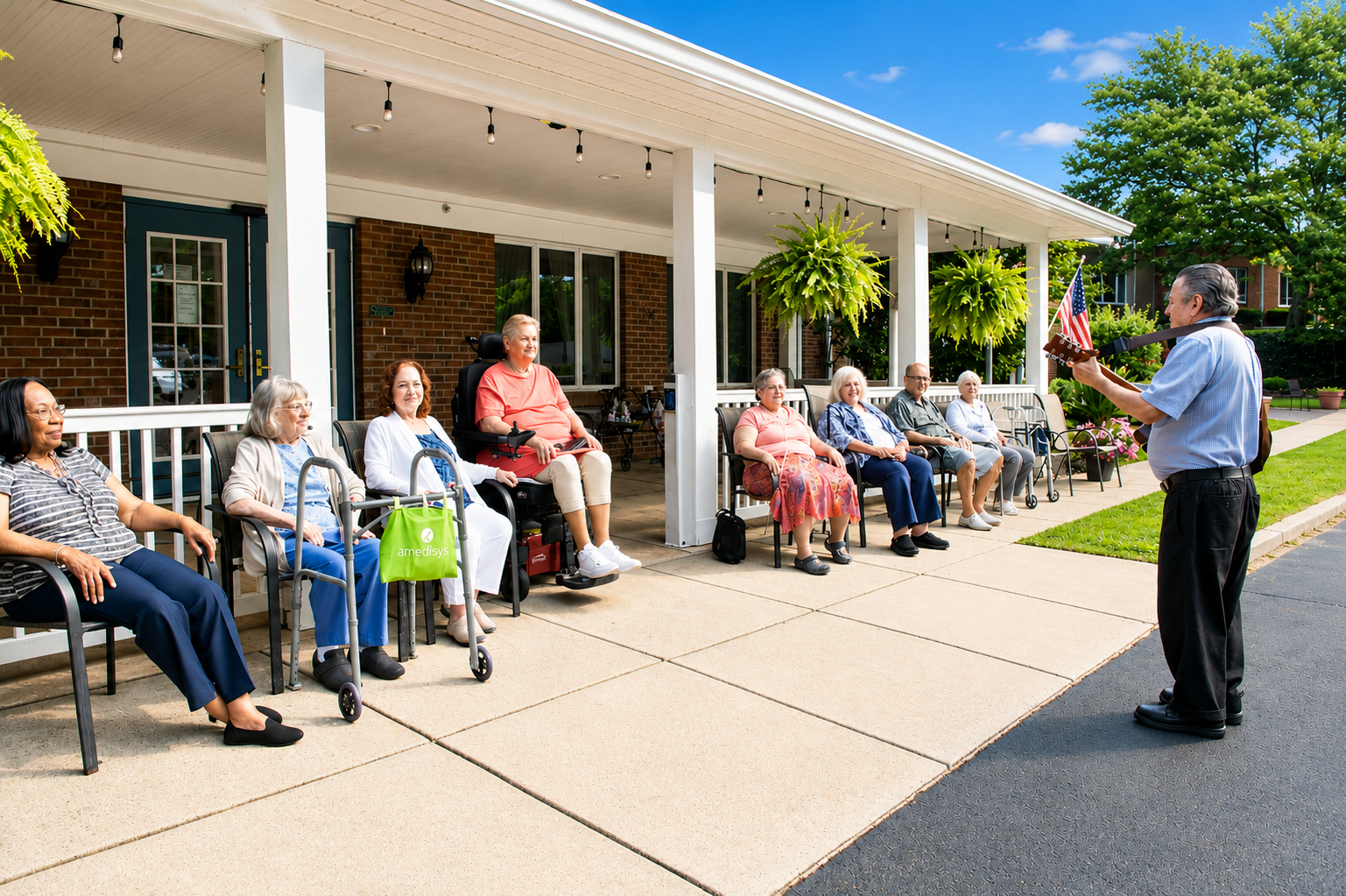 A man playing guitar with an American flag, performing for a group of elderly people sitting outside on a porch in a residential area.