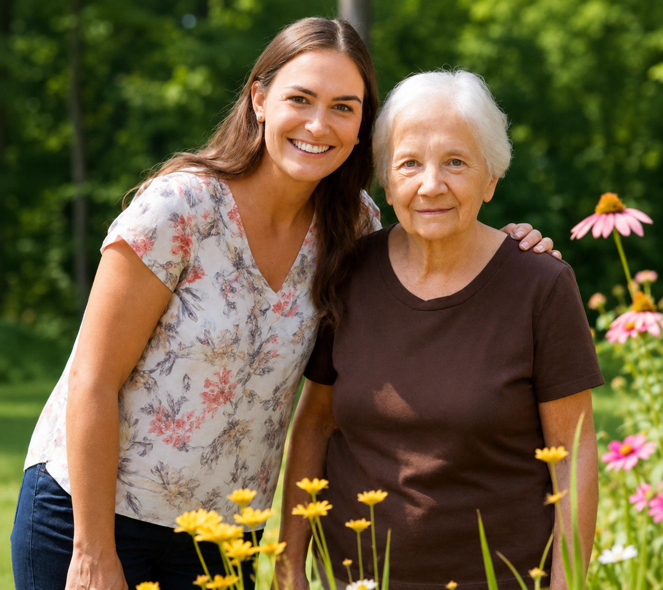 A young woman and an elderly woman standing together outdoors among flowers and greenery, smiling at the camera.