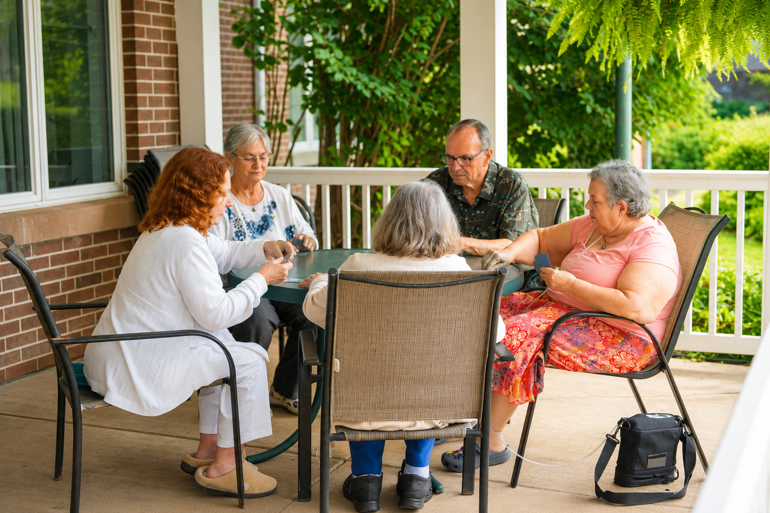 Group of senior adults sitting around a table on a porch, playing cards and using cell phones, with greenery in the background.