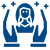 Blue cartoon astronaut with star and rocket ship, smiling with hands raised.