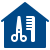 An illustration of a house with a pitched roof, chimney, and a front door.