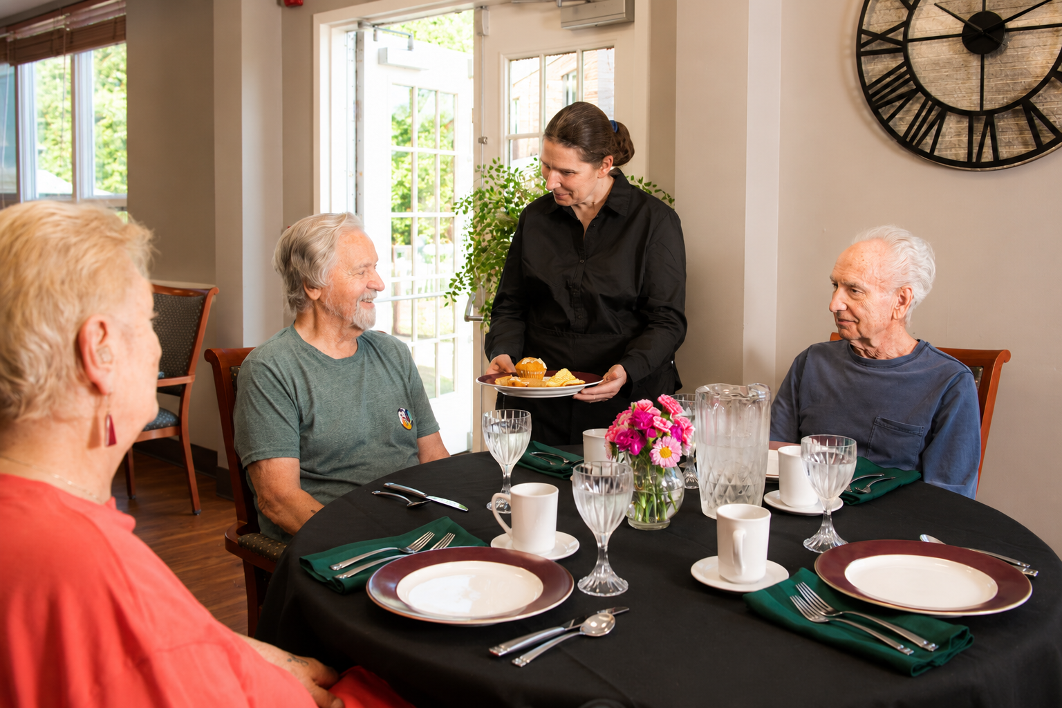 A woman serving dessert to elderly guests at a dining table in a bright room with large windows and a clock on the wall.