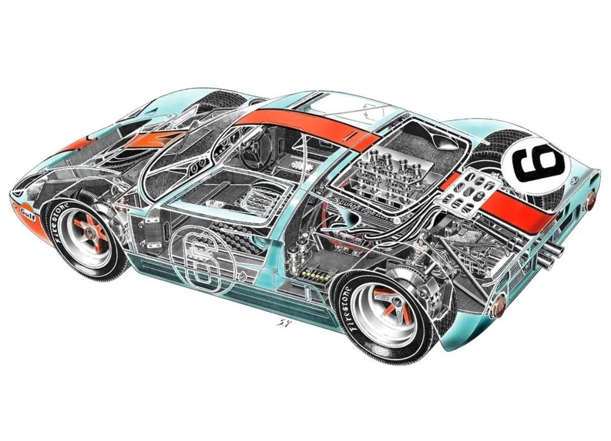 Illustration of a vintage race car with a transparent body, exposing its internal mechanical components and engine, featuring racing decals and the number 6 on the side.