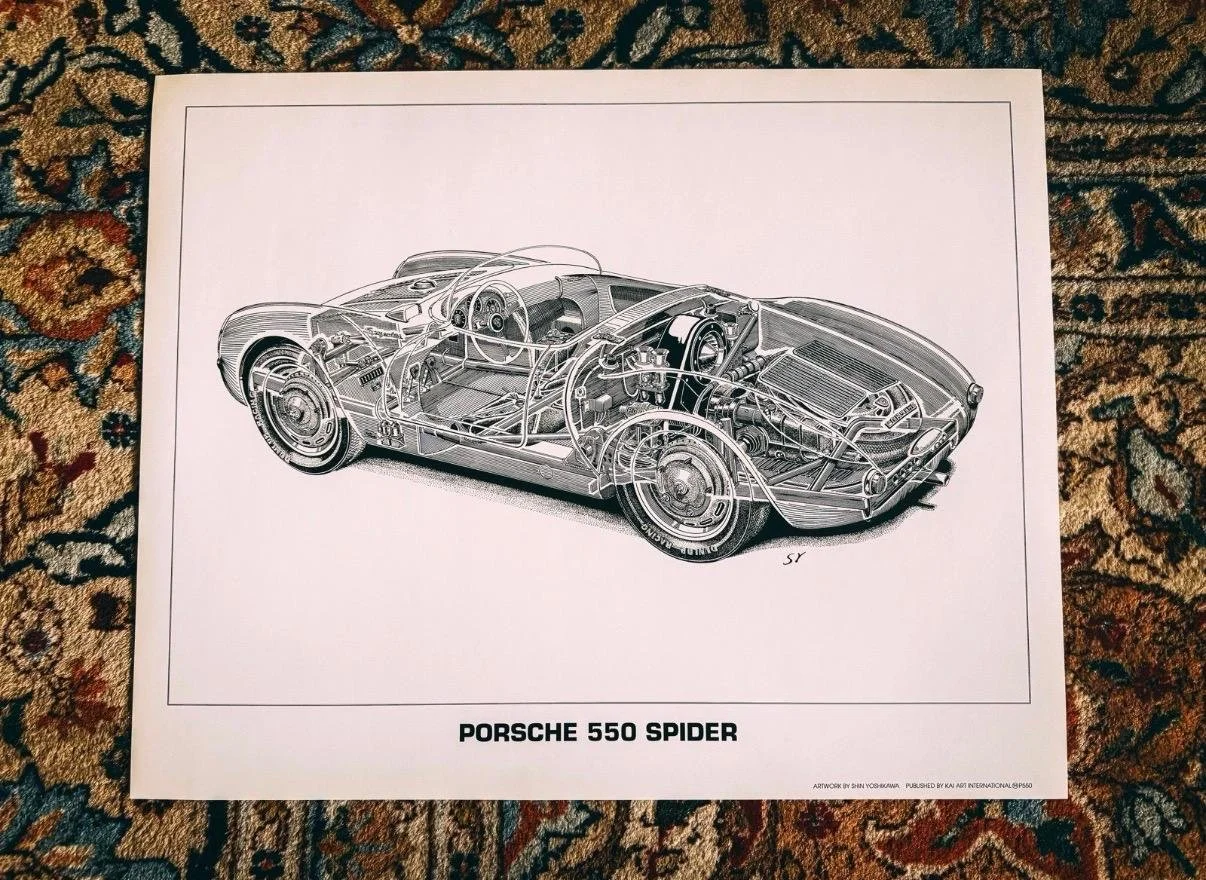 Line drawing of a Porsche 550 Spider showing its internal mechanical components, placed on a patterned carpet. The text at the bottom reads 'Porsche 550 Spider'.