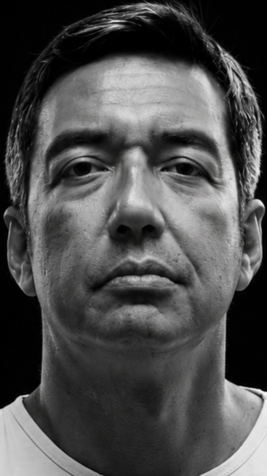 Close up black and white headshot of Mike Risk looking into the camera