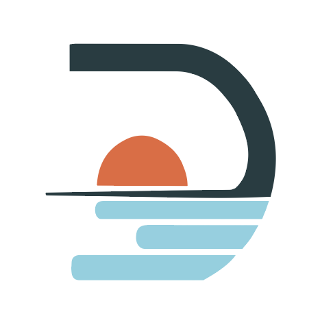 Abstract logo featuring a stylized sunrise over a body of water with a curved shape and blue waves.