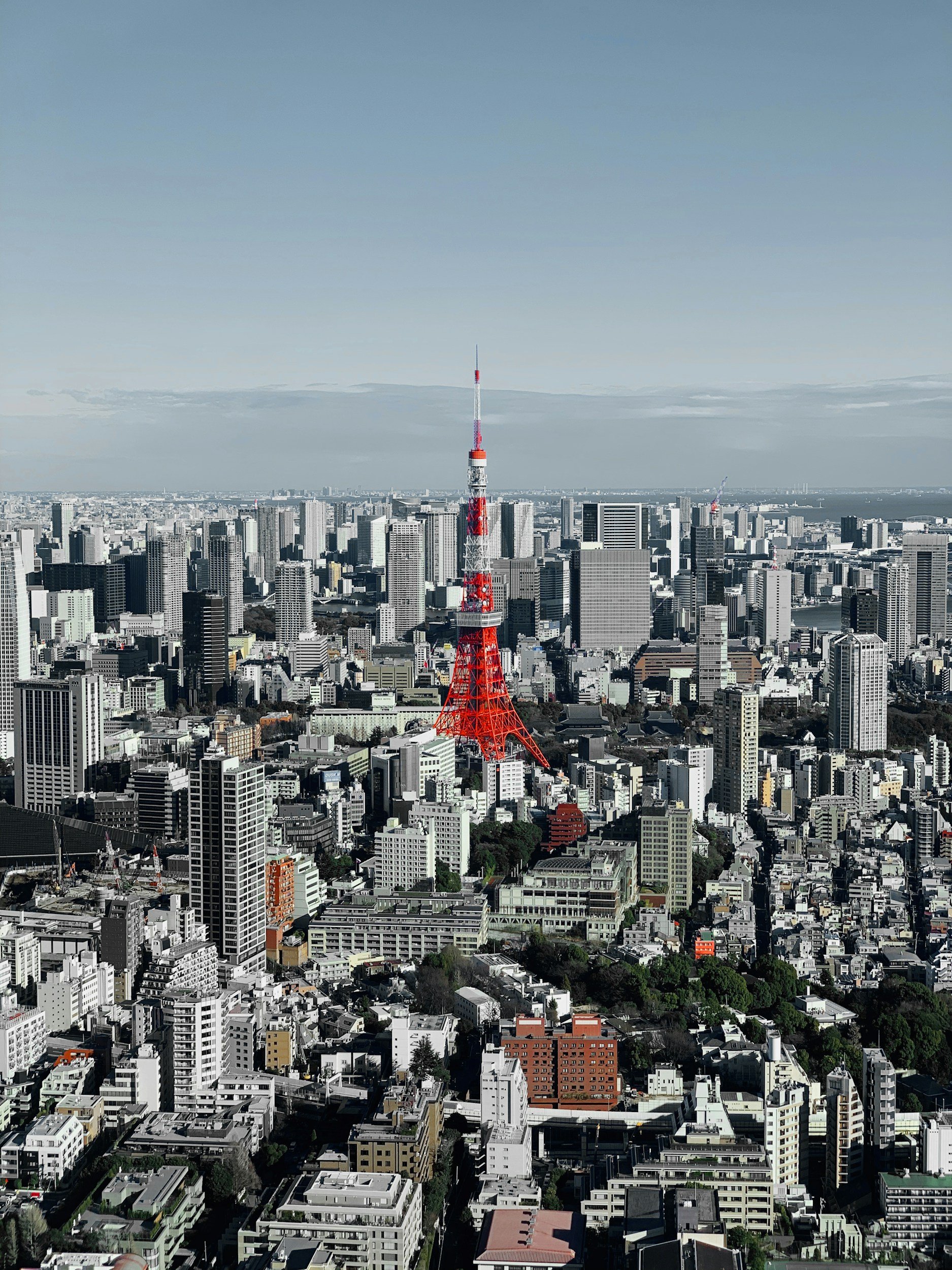 A cityscape view showing tall buildings, with a prominent red and white broadcast tower in the center, against a partly cloudy sky.