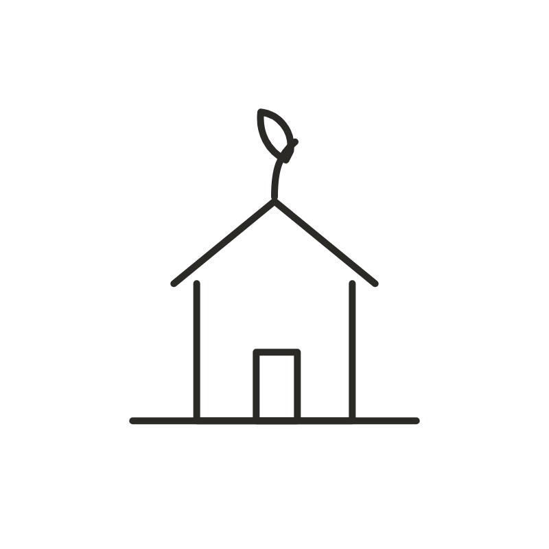 Simple line drawing of a small house with a roof, door, and a single leaf or feather attached to the top of a chimney or pole.