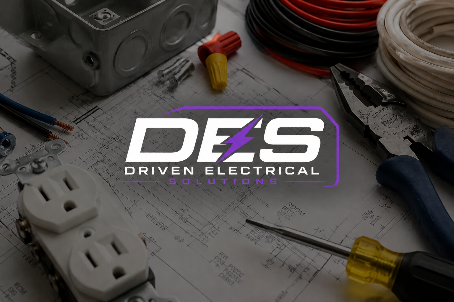 Electrical tools, wires, and a blueprint with a logo for Driven Electrical Solutions on top.