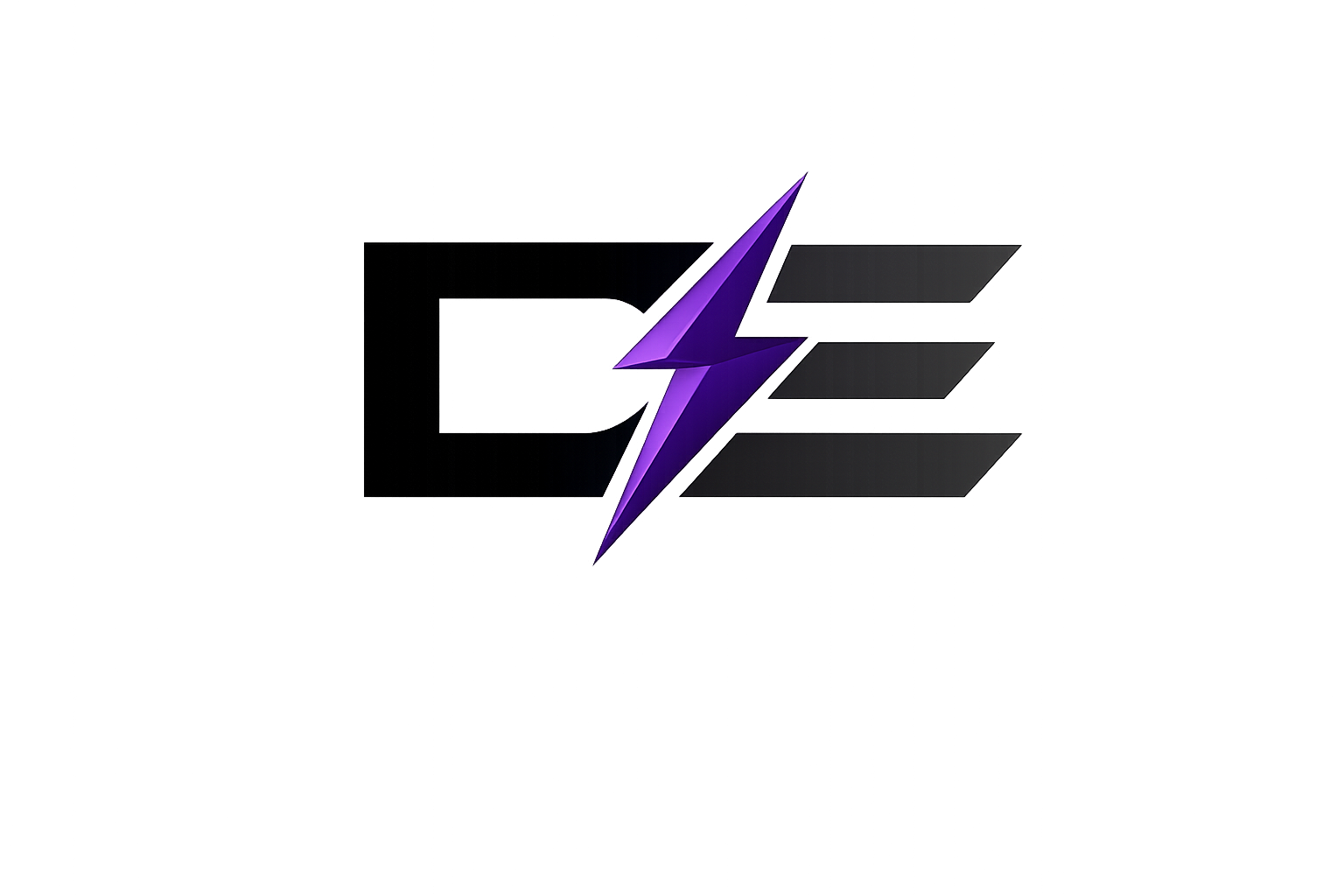 Abstract digital artwork featuring a prominent purple lightning bolt and the letters 'D E' in large stylized black letters with colorful light streaks in the background.