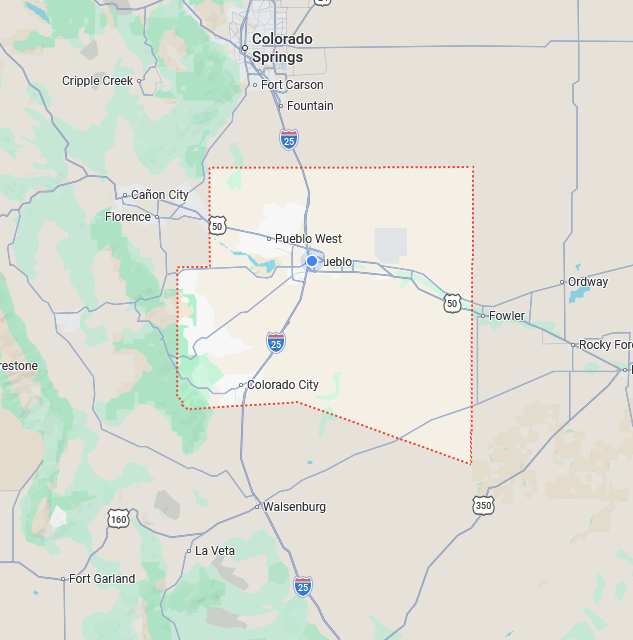 Map showing the location of Pueblo, Colorado, with surrounding cities including Colorado Springs, Denver, and Walsenburg, as well as major highways like I-25 and US-50.