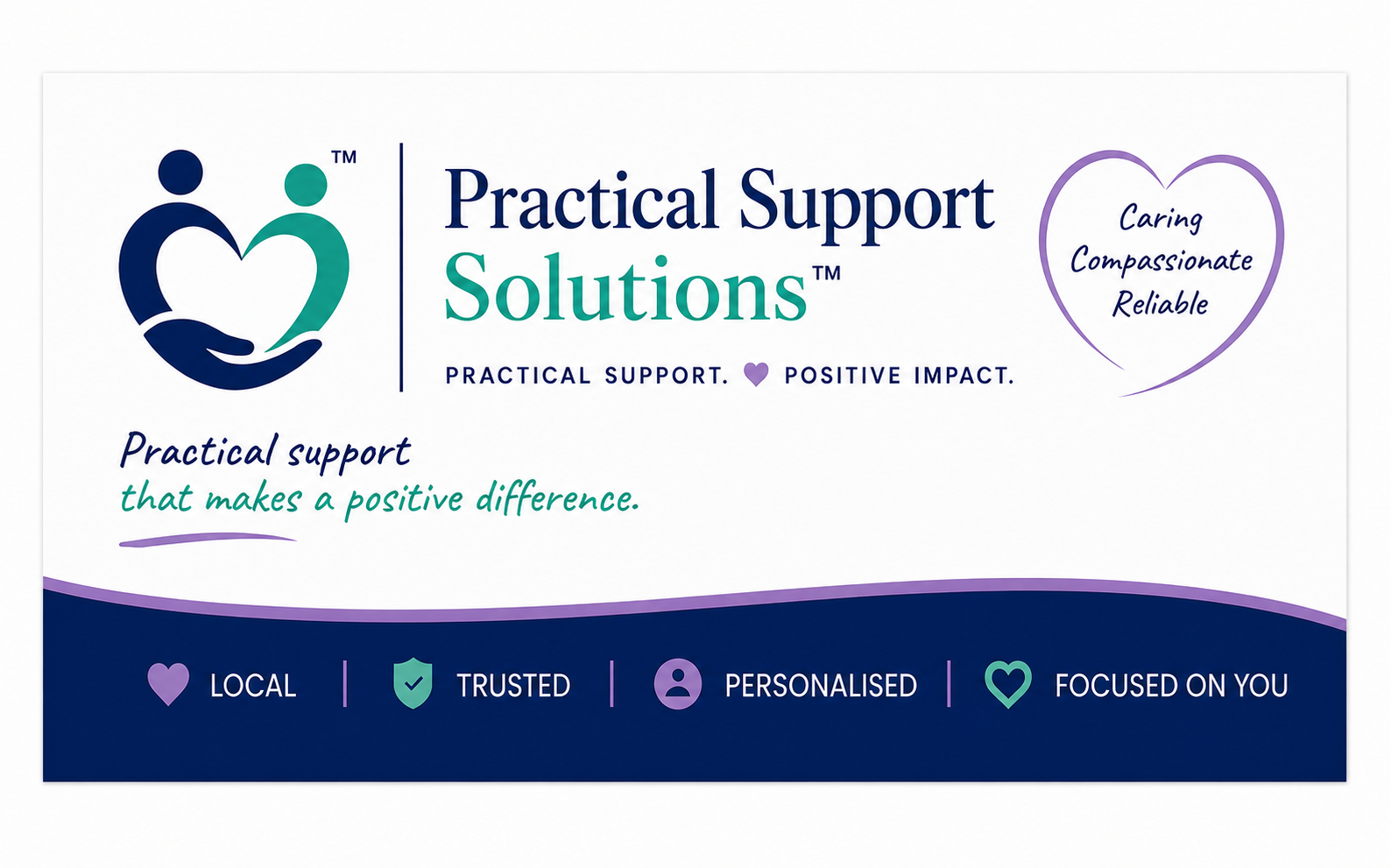 A logo of two hands forming a heart shape, with the text 'Practical Support Solutions' and slogan 'Practical support that makes a positive difference'. A purple heart icon with words 'Caring, Compassionate, Reliable'. Bottom row features icons and labels: 'Local', 'Trusted', 'Personalised', 'Focused on you' in purple and green.