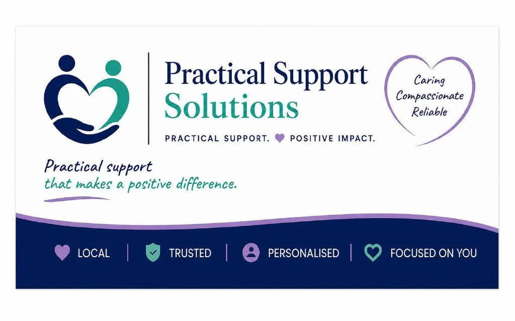 A promotional flyer for Practical Support Solutions featuring a logo with two figures forming a heart, and words like Caring, Compassionate, Reliable in a heart shape. The flyer emphasizes practical support that makes a positive difference, and highlights attributes such as local, trusted, personalised, and focused on the client.