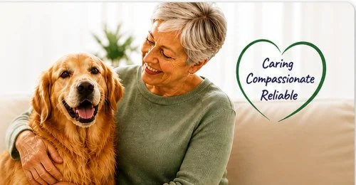 An elderly woman smiling and petting a golden retriever dog indoors, with a heart-shaped graphic containing the words 'Caring, Compassionate, Reliable'.