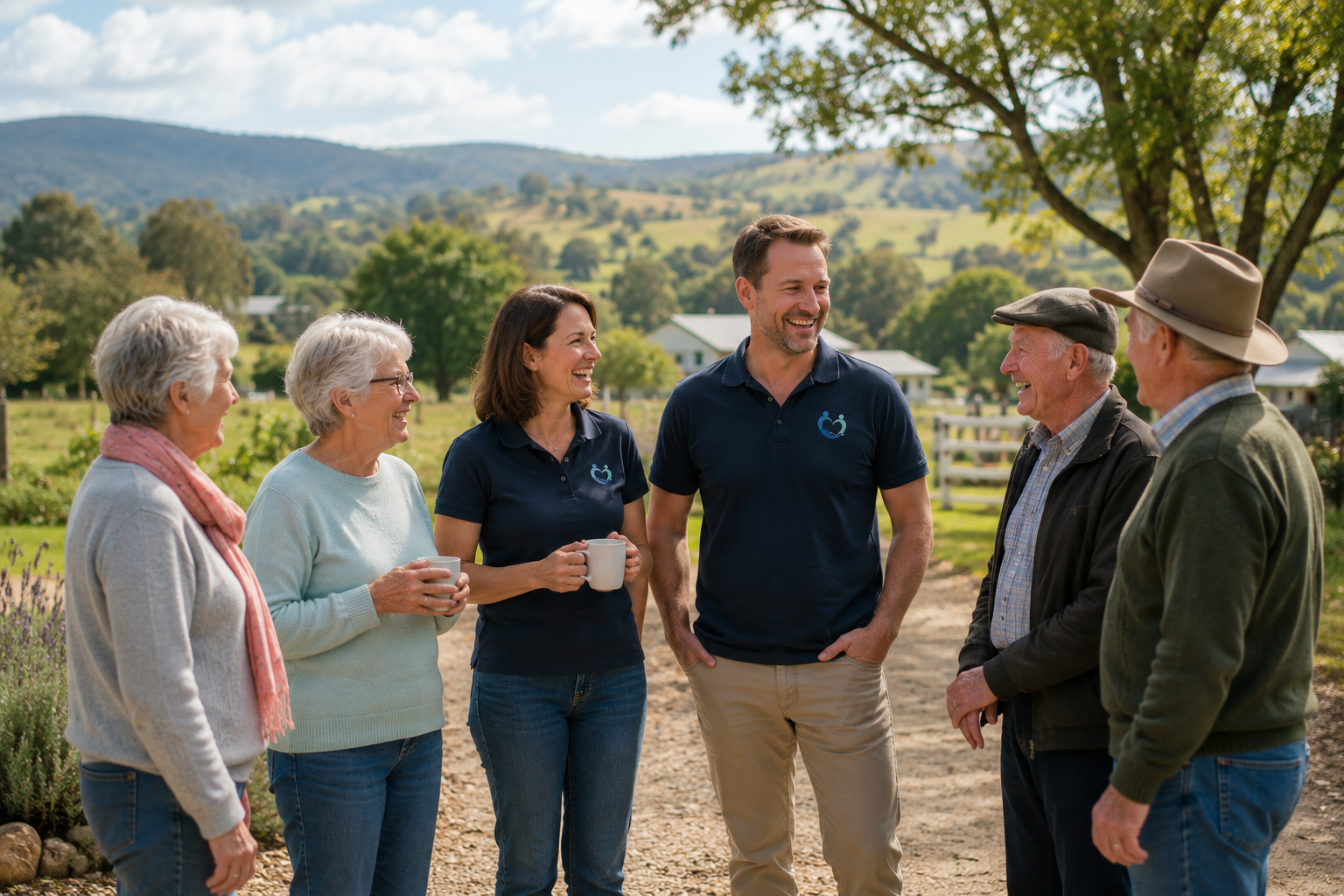 Group of six people, two women and four men, standing outdoors in a rural area with mountains and houses in the background, smiling and holding mugs, dressed casually, engaging in conversation.