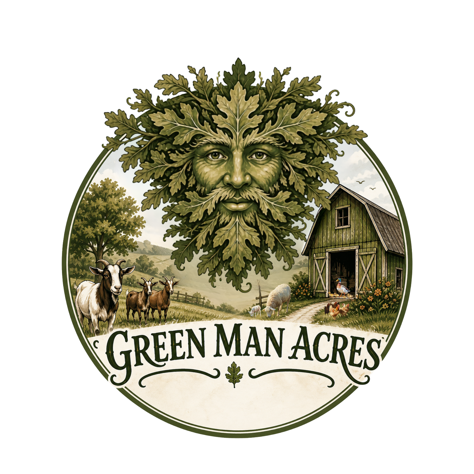 Illustration of a human face integrated with green leaves, with farm animals and a barn in the background, representing sustainable farming on Green Man Acres.