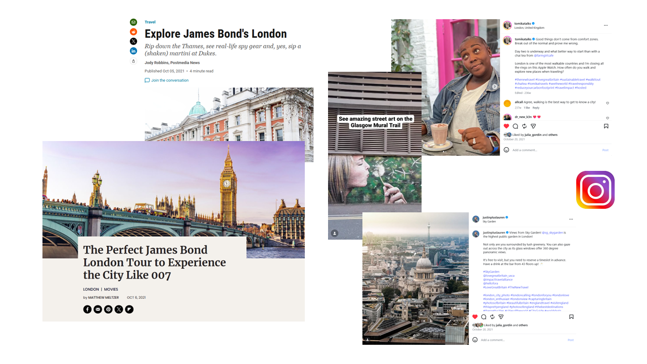 Collage of social media posts and articles about London, including images of the Thames River, Big Ben, the London skyline, street art on the Glasgow Mural Trail, a woman drinking coffee, and a mural of a woman blowing on a dandelion.